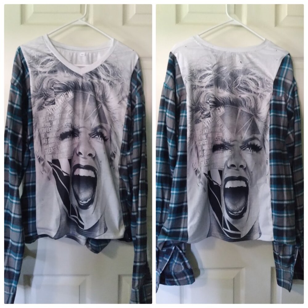 upcycled reworked flannel shirt w/ custom PINK! SHIRT SEWN IN THE CENTER